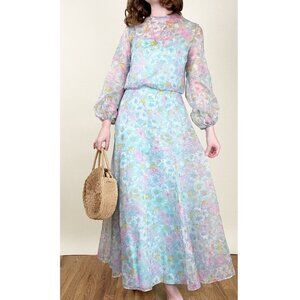 Vintage 70s Handmade Floral Gown Long Poof Puff Sleeve Princess Maxi Dress 1970s